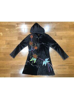 Rising International Nepal Applique Embroidered Long Hoodie Jacket Boho Duster M